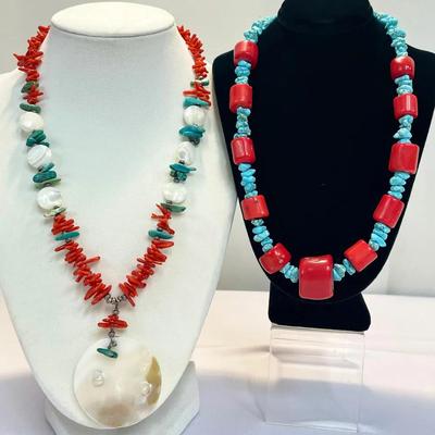 Turquoise, Coral & Mother-of-Pearl Beaded Necklaces — Sterling Components, Bold Colors