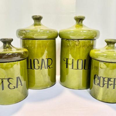Vintage Holiday Designs USA Green Ceramic Canisters Set Of 4