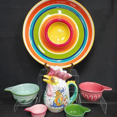 Pier 1 “Summer Stripes” Plate, Italian Rooster Pitcher & Festive Measuring Cups