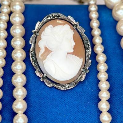 Vintage 800 Silver Shell Cameo Brooch Pendant with Marcasite — Plus Faux Pearl Necklace