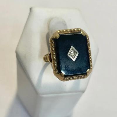 10K Gold Onyx Diamond Ring Size 6.5
