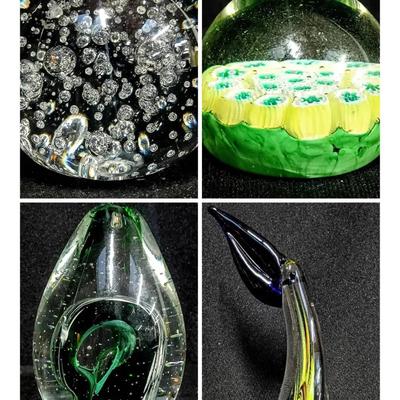 Contemporary Art Glass Sculpture, Paperweights & Hammered Metal Tray Display Set