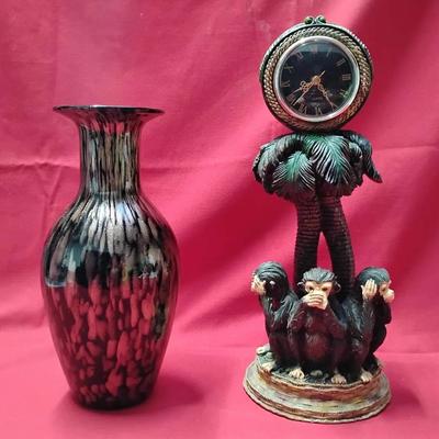 Striking Decor Lot: Three Wise Monkeys Clock & Unique Art Glass Vase