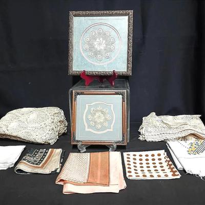 Framed Crochet Lace Art & Vintage Linen and Handkerchief Assortment