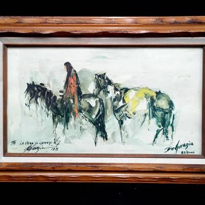 Signed 1978 Ted DeGrazia Framed Print – Southwestern Horses & Figure