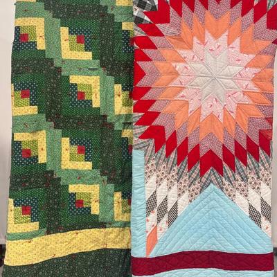 Pair of Handmade Patchwork Quilts – Log Cabin & Starburst Designs