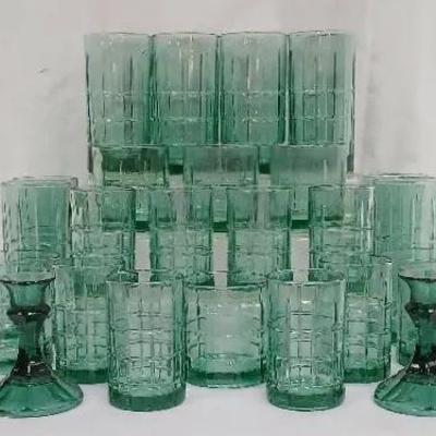 24 Piece Set of Tartan  Green Anchor Hocking Glassware