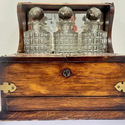 Antique English Victorian Oak And Crystal Tantalus Set C. 1820