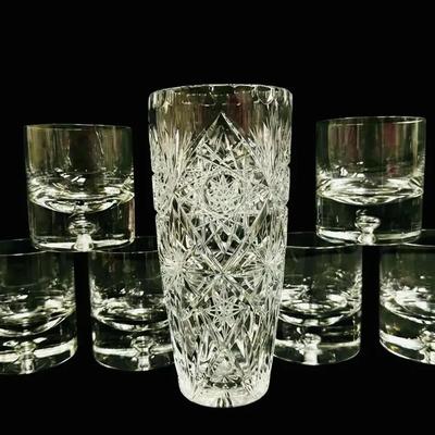 Lead Crystal Vase + 6 Glass Cups! 