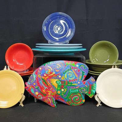 Vintage Colorful Plates & Bowls w/Hand-Painted Decorative Fish