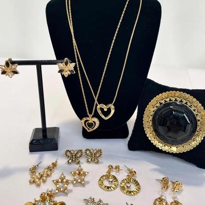 Gold Tone Avon Jewelry w/White Rhinestones, Black Accents & Freirich Brooch