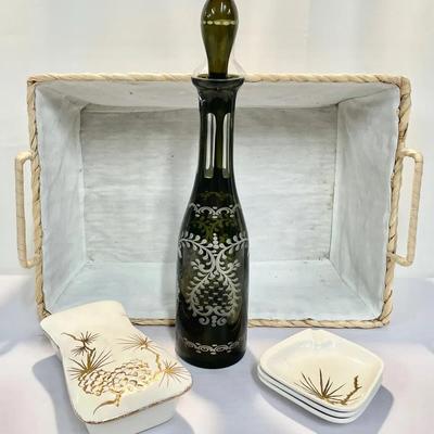 Pressed Glass Ornamental Decanter With Matching Ceramic Cigarette Container And Trays + More