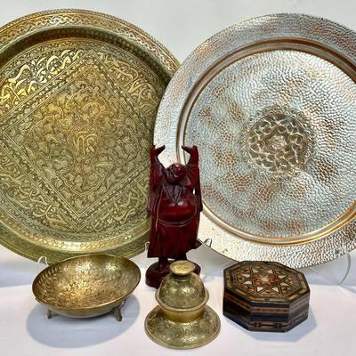 Moroccan & Middle Eastern Style Decorative Lot – Etched Brass, Inlay Box, Laughing Buddha & More