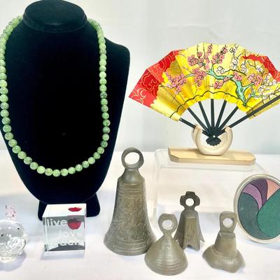 Miniatures & Treasures Lot — Authentic Jade Necklace, Brass Bells, Folding Fan + more