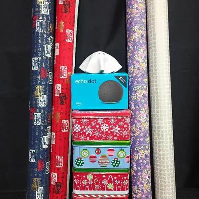 Sealed Amazon Echo Dot, Rice Paper Rolls & Holiday Storage Tins