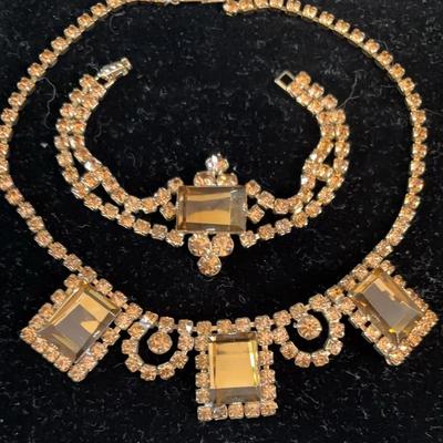 Vintage Golden Crystal Set. Necklace & Bracelet. 