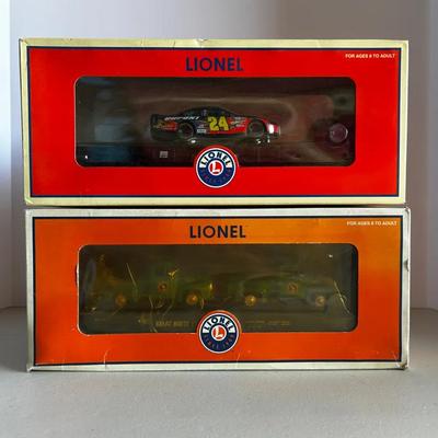Lionel Train Carts Containing NASCAR And 2 Trucks O Gauge 