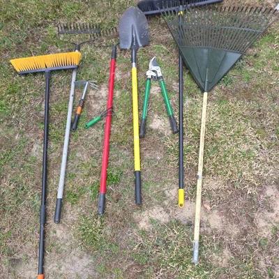 Assorted garden tools Hand Tools And Push Broom ( Bonus: Box Of Coated Lawn Staples For Landscaping 