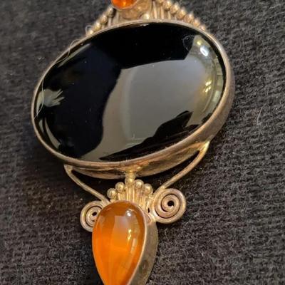 Beautiful Large Black Stone .925 Sajen Pendant/ Pin.