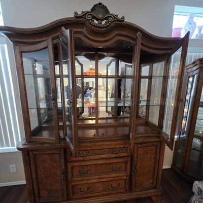 Ornate Lighted Curved Glass China Cabinet 
