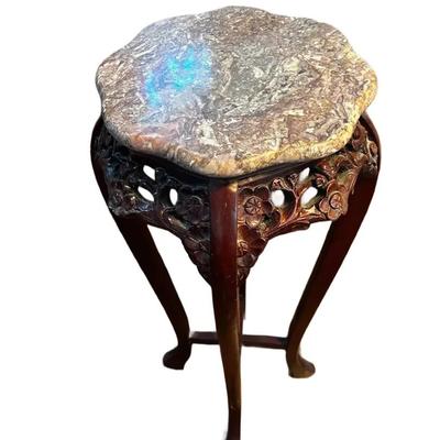 Stone Top Tall TableTop Stand With Floral Wooden Carvings