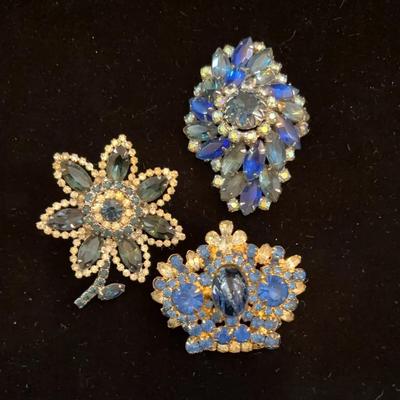 Lot Of 3. Costume Crystal Brooches In Blue.