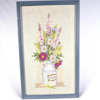 Vintage Crewel Embroidery Framed Wall Art Flowers & Milk Can by Helen Wilson c. 1975
