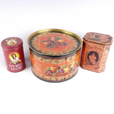 Vintage Collectible Tins – Sun-Maid Raisins, Colman Mustard, Kelseyville Bisca