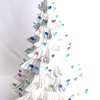 Vintage 16" Ceramic Christmas Tree w/ Light-Up Base – White Glazed Holiday Decor