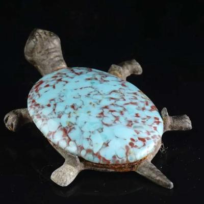 Brass Turtle Figurine with Turquoise Cabochon Shell