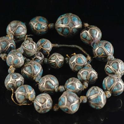 Antique Turquoise Inlay Silver Wrapped Bead Necklace – 18"