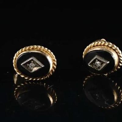 14K Gold Black Onyx & Diamond Earrings – Vintage Style, (1.4g)