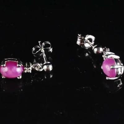 Pink Star Sapphire Stud Earrings in 14K White Gold