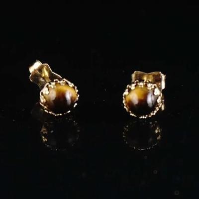 14K Gold Tiger Eye Stud Earrings – Vintage Estate, (8g)