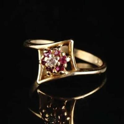 14K Yellow Gold Diamond & Ruby Cluster Ring – Size 6, (2.5g)