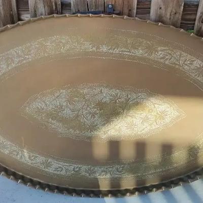 Mid-Century Moroccan Brass Coffee Table Engraved Tray Table, Boho Decor (46" x 29")