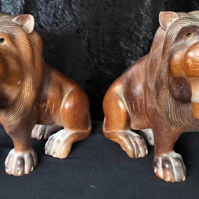 Pair Hand-Carved Mahogany Lions w/ Bone Teeth & Claws, 9" x 10"