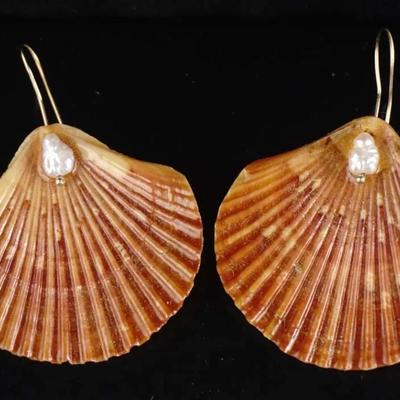 Vintage Scallop Shell Earrings with Baroque Pearls & 14K Gold Wire