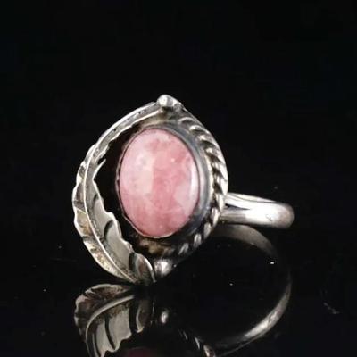 Sterling Silver Coral Ring Size 7.5 – Pink Coral Cabochon, Vintage Style