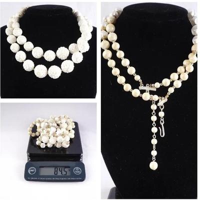 Vintage 18" White Celluloid, Silk & Ceramic Bead Necklace Lot
