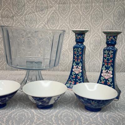 Vintage Chinese Chinoiseries Blue Floral Porcelain Candlestick Holders - A Pair