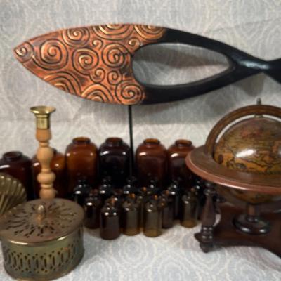 Amber Apotocary Bottles  and Vintage Zodiac Globe