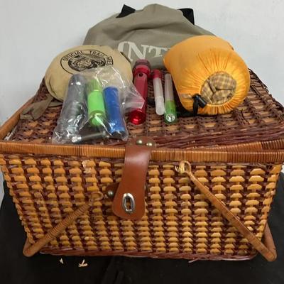 Vintage Wicker Picnic Basket And Camping Goods 