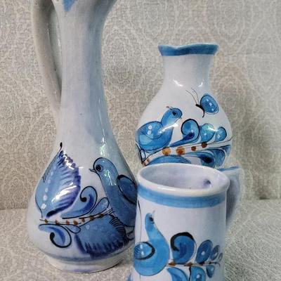Vintage Tonala Mexican Folk Art Pottery Blue Bird Vase Trio
