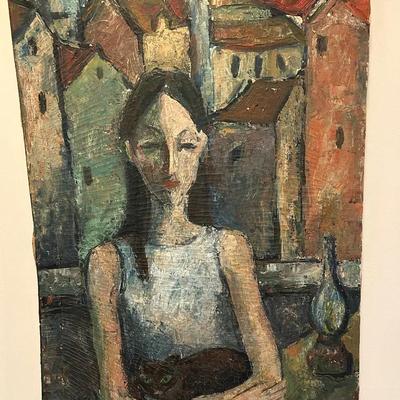 Oil On Canvas Woman Holding Cat 