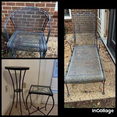 Two Plant Stands , Wrought Iron Chaise And Chair 