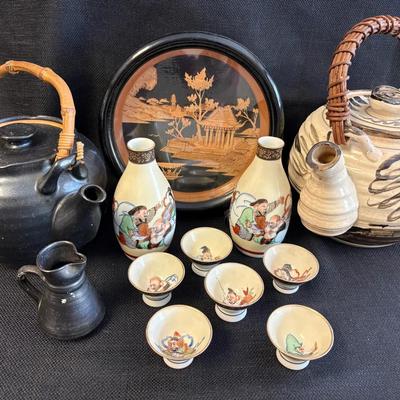 Vintage Japanese Saki Sets & Tea Pots, Carved Art