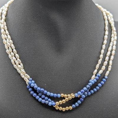 14K Gold Bead, Lapis & Pearl Necklace 