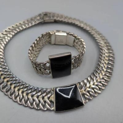 Heavy Mexican Sterling & Onyx Necklace & Bracelet Set