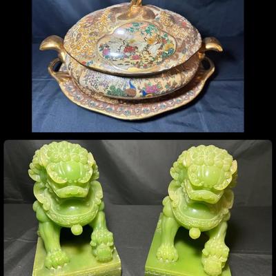 Decorative Japanese Satsuma Tourine & Pair Of Resin Foo Dogs